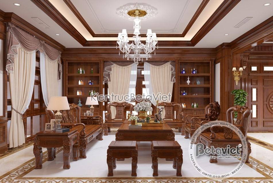 Phòng khách tân cổ điển chất liệu gỗ quý giá cao