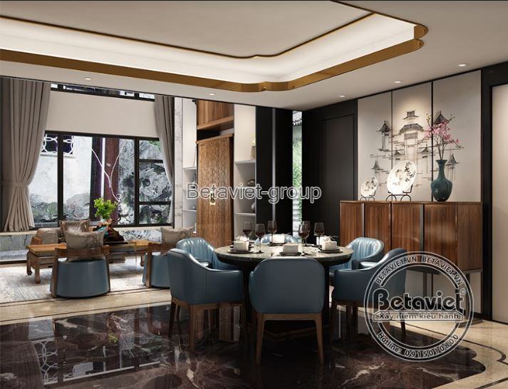 Thiết kế nội thất phòng ăn phòng khách cổ điển Á Đông 