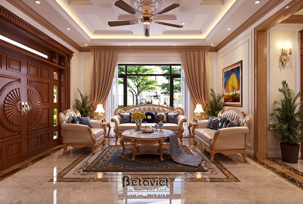 Thiết kế nội thất phòng khách mang phong cách tân cổ điển nhẹ nhàng